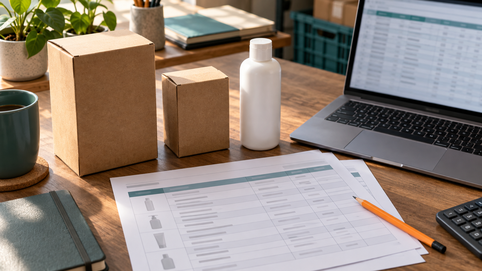 Illustrative editorial scene showing different product pack sizes beside paper records and a laptop on an operations desk.