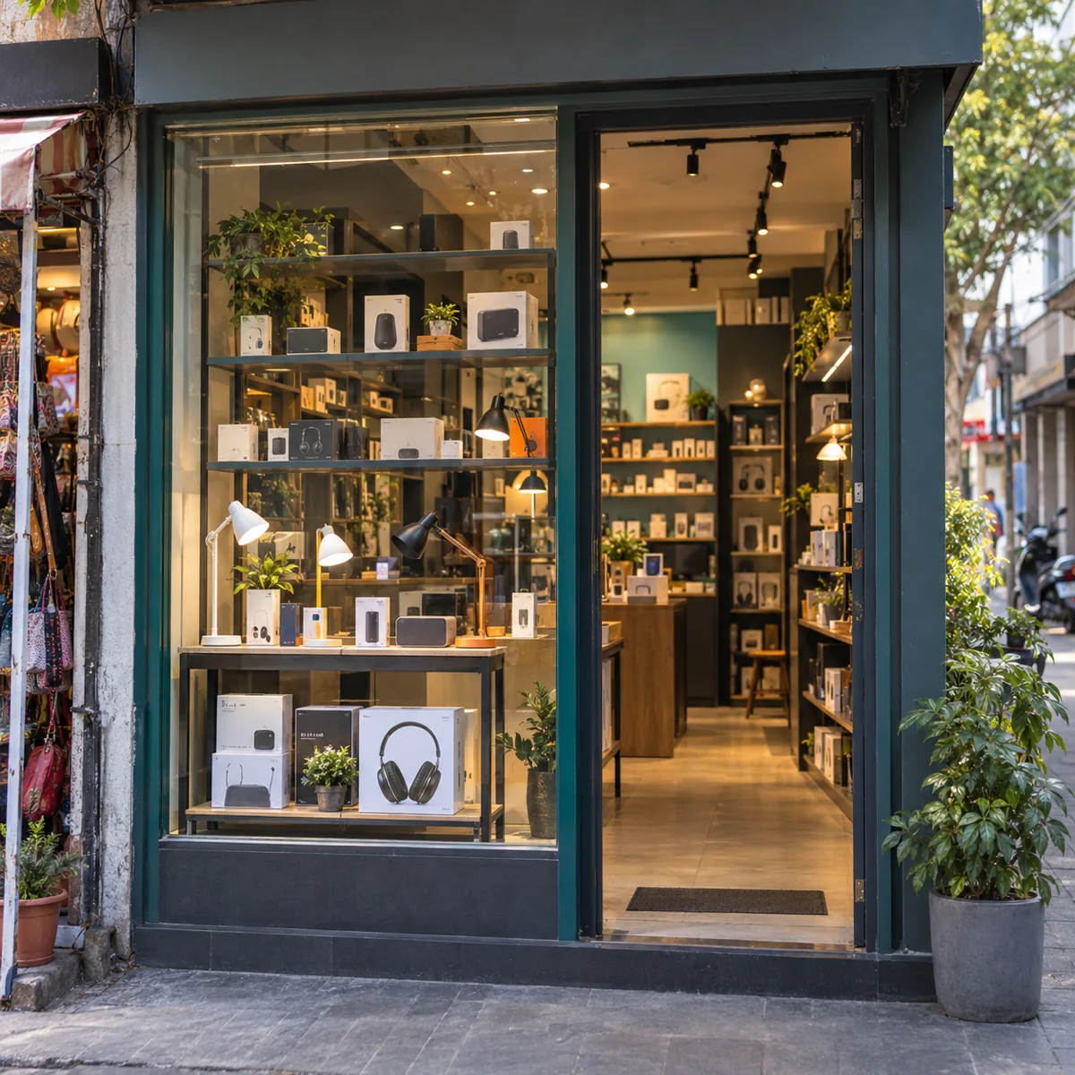 Illustrative street-facing retail shop with unbranded lamps and boxed goods visible on shelves inside.
